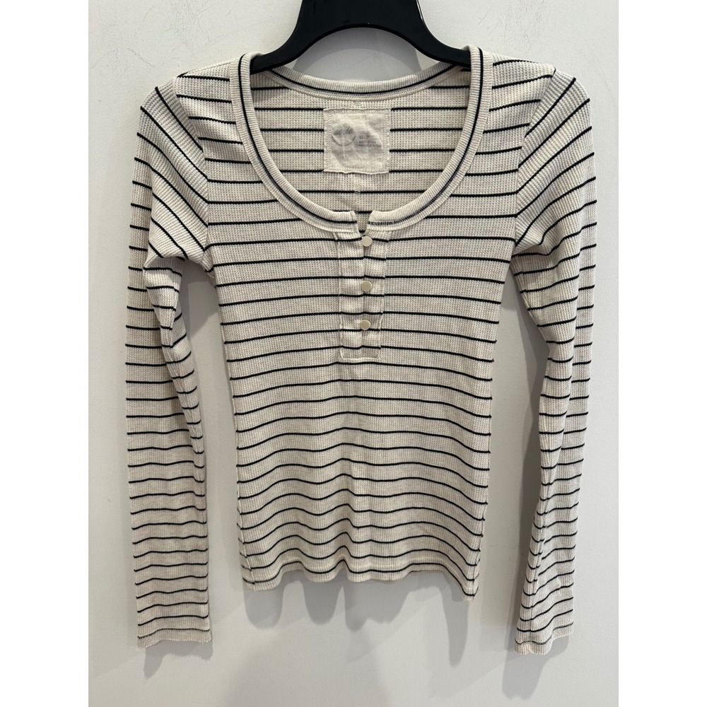 Aerie Waffle Knit Henley Top Cream Navy Blue Striped Long Sleeve XS
